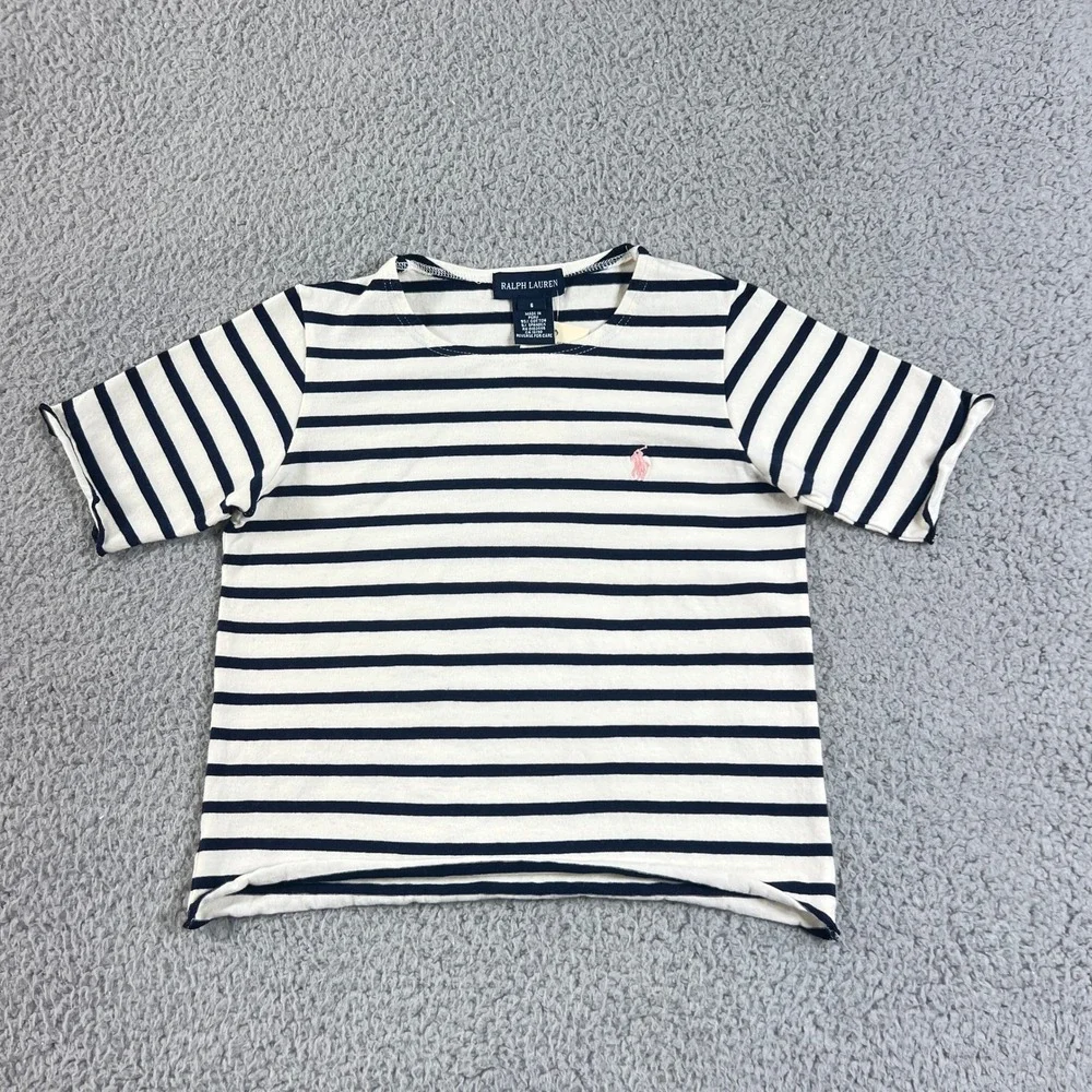 Ralph Lauren T-Shirt Girls 6 White Navy Striped Short Sleeve Lettuce Trim Pony